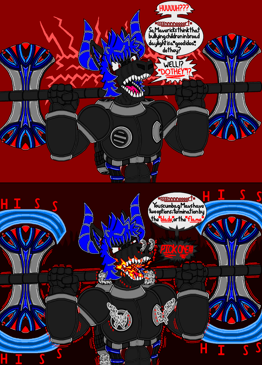 YamiNetto_0's tweet image. Taury's almost always a sweet-natured chill af dude. But the *extremely* few times he's *genuinely* angry...

***RUN.***

#megamanx #rockmanx #reploid #reploidoc #megamanxoc #maverickhunter #ロックマンX #robot #android #bull #minotaur