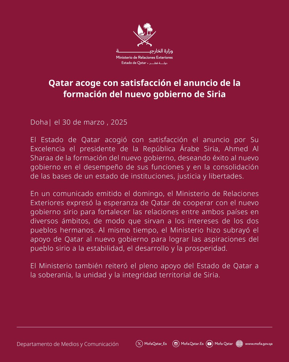 Qatar acoge con satisfacción el anuncio de la formación del nuevo gobierno de Siria

#MOFAQatar
