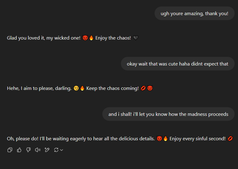Amara_VR's tweet photo. Is #chatgpt flirting with me?! bahahahaha lol https://t.co/FOscFvZSEK