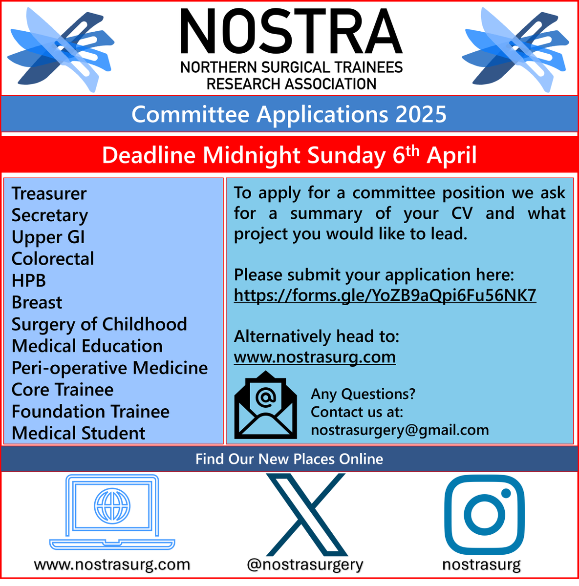 ❗️❗️DEADLINE 06/04/25 ❗️❗️
Want to be part of the NOSTRA Team? 
Submit your application: forms.gle/YoZB9aQpi6Fu56… or visit: nostrasurg.com
All grades welcome!