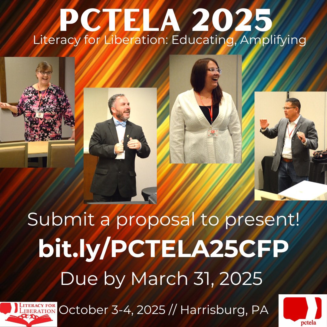 PCTELA (@pctelanews) on Twitter photo Proposals for #pctela25 are due by tomorrow night! Share your knowledge of literacy with fellow educators from across PA! Act 48 hours available for all attendees.
bit.ly/PCTELA25CFP
<a href="/ncte/">National Council of Teachers of English (NCTE)</a> <a href="/ncte_cel/">NCTE CEL</a> <a href="/PSEA/">PSEA</a> <a href="/PADeptofEd/">PA Department of Education</a> <a href="/PAEduChat1/">PAEduChat</a> <a href="/OCTELA/">OH English Teachers</a> <a href="/KSLAliteracy/">Keystone State Literacy Association</a> Proposals for #pctela25 are due by tomorrow night! Share your knowledge of literacy with fellow educators from across PA! Act 48 hours available for all attendees.
bit.ly/PCTELA25CFP
<a href="/ncte/">National Council of Teachers of English (NCTE)</a> <a href="/ncte_cel/">NCTE CEL</a> <a href="/PSEA/">PSEA</a> <a href="/PADeptofEd/">PA Department of Education</a> <a href="/PAEduChat1/">PAEduChat</a> <a href="/OCTELA/">OH English Teachers</a> <a href="/KSLAliteracy/">Keystone State Literacy Association</a>