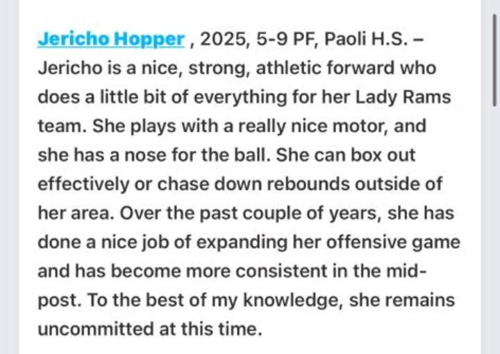 Jericho Hopper (@hopperjericho) on Twitter photo So very very grateful for the write up and recognition! I am so thankful for the coaches and teammates who have helped me get where I am today.
<a href="/PGHIndiana/">Prep Girls Hoops Indiana</a>
<a href="/DonavanCrews/">Donavan Crews</a>
<a href="/PaoliBasketball/">Paoli Girls Basketball</a> So very very grateful for the write up and recognition! I am so thankful for the coaches and teammates who have helped me get where I am today.
<a href="/PGHIndiana/">Prep Girls Hoops Indiana</a>
<a href="/DonavanCrews/">Donavan Crews</a>
<a href="/PaoliBasketball/">Paoli Girls Basketball</a>