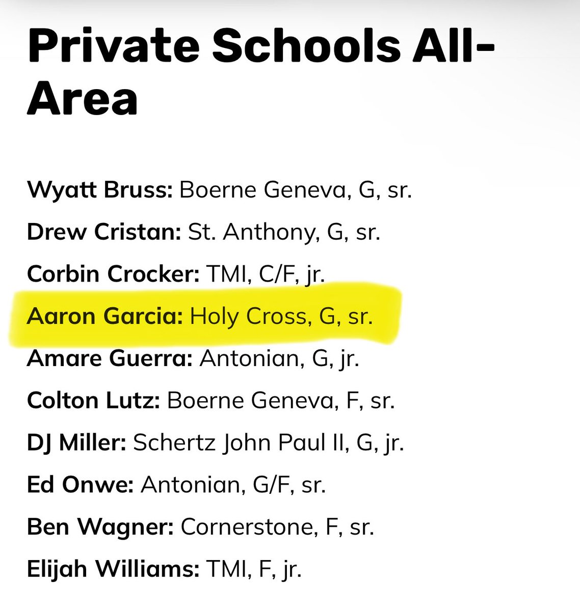 Holy Cross Knights Basketball (@hcbasketball426) on Twitter photo Congratulations to senior guard <a href="/aarongarcia2025/">Aaron Garcia</a> for earning <a href="/sanantoniohss/">San Antonio High School Sports</a> all-area team for the 2nd year in a row! We’re proud of all your accomplishments! Congratulations to senior guard <a href="/aarongarcia2025/">Aaron Garcia</a> for earning <a href="/sanantoniohss/">San Antonio High School Sports</a> all-area team for the 2nd year in a row! We’re proud of all your accomplishments!