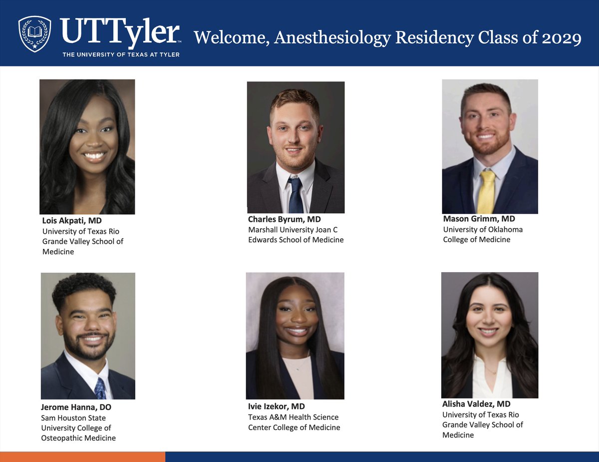 uttyler_anes's tweet image. IT'S A MATCH! Congratulations to our next cohort of
@UTTylerSOM Anesthesiology residents. We're excited to welcome you to the @UTTyler family! #Match2025 #FutureAnesRes