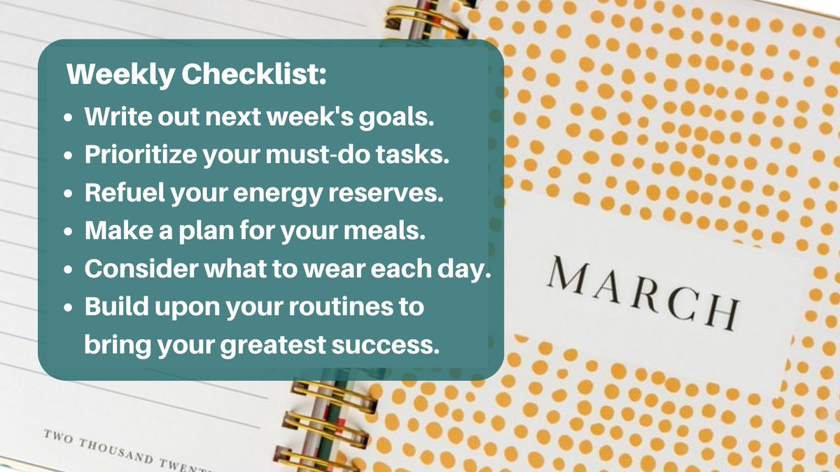 Org4Success's tweet image. No matter how often you pivot, starting each week with a plan is vital. When today can you fulfill this checklist? Start developing a #habit or weekly ritual of working through this checklist that will fuel greater #productivity in the days, weeks and months ahead.