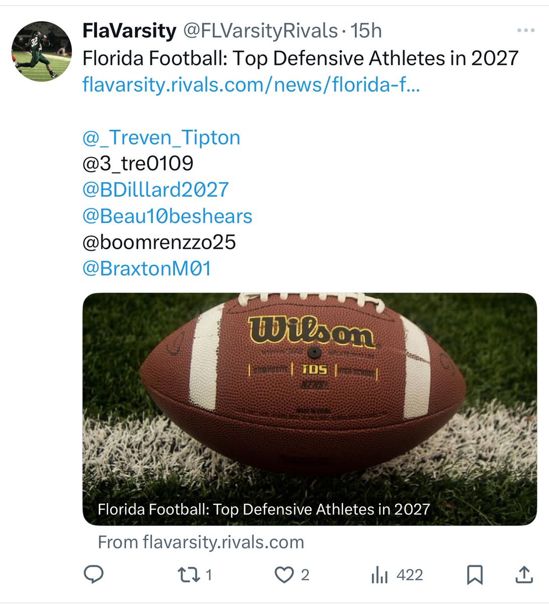 Brian Dillard (@bdilllard2027) on Twitter photo Appreciate the shoutout! <a href="/FLVarsityRivals/">FlaVarsity</a> <a href="/Coach_GThompson/">Geno Thompson</a> <a href="/NarlinClancy/">Narlin Clancy</a> <a href="/24k7v7/">The24KOrganization ⭐️</a> <a href="/DanLaForestFB/">Dan LaForest 🏈</a> <a href="/larryblustein/">Blustein Recruiting</a> <a href="/Excelspeed12/">Lo Wood</a> <a href="/OS_ChrisHays/">Chris Hays</a> <a href="/JohnGarcia_Jr/">John Garcia, Jr.</a> <a href="/247recruiting/">247Sports Recruiting</a> @On3Recruits <a href="/RivalsFriedman/">Adam Friedman</a> <a href="/DemetricDWarren/">Demetric D. Warren</a> <a href="/ChadSimmons_/">ChadSimmons</a> Appreciate the shoutout! <a href="/FLVarsityRivals/">FlaVarsity</a> <a href="/Coach_GThompson/">Geno Thompson</a> <a href="/NarlinClancy/">Narlin Clancy</a> <a href="/24k7v7/">The24KOrganization ⭐️</a> <a href="/DanLaForestFB/">Dan LaForest 🏈</a> <a href="/larryblustein/">Blustein Recruiting</a> <a href="/Excelspeed12/">Lo Wood</a> <a href="/OS_ChrisHays/">Chris Hays</a> <a href="/JohnGarcia_Jr/">John Garcia, Jr.</a> <a href="/247recruiting/">247Sports Recruiting</a> @On3Recruits <a href="/RivalsFriedman/">Adam Friedman</a> <a href="/DemetricDWarren/">Demetric D. Warren</a> <a href="/ChadSimmons_/">ChadSimmons</a>