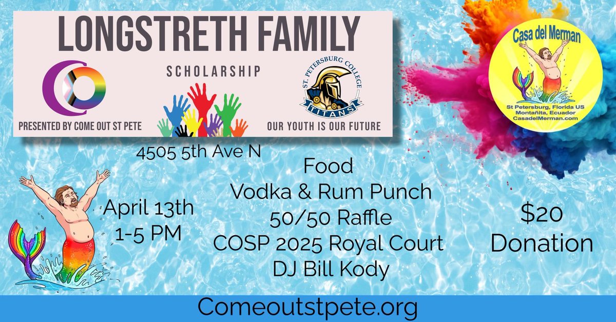 ComeOUTStPete's tweet photo. It’s A Pool Party FUNraiser
Casa Del Merman Gay St Pete House
Sunday April 13th @ 1PM - 5PM
DJ Bill Kody on the beats and performances by
The Come OUT St Pete 2025 Royal Court featuring
Miss Ericka PC, Mx Mister E and Mr JoZiah OK Bangkx! https://t.co/c2ECknELz1