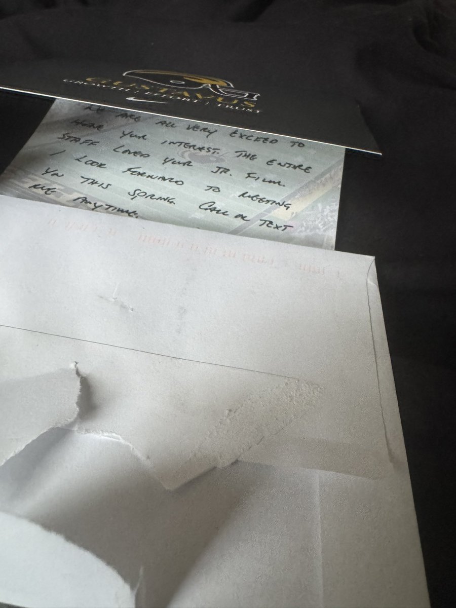 Thank you <a href="/gustiefootball/">Gustavus Football</a> for the mail can’t wait to get on campus and meet the staff