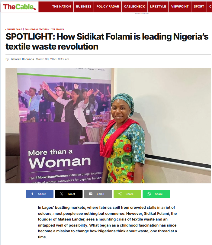 On #ZeroWasteDay 2025 , a spotlight on <a href="/oRAYbour/">Sidikat Folami (Hassan)</a> the CEO of <a href="/MateenLander/">Mateen Lander</a> Championing Zero Waste in Fashion and Textile in #Nigeria .
Read More: thecable.ng/spotlight-how-…

#SustainableFashion #TextileRecycling #CircularEconomy #NoToLandfills #SustainableFashion  #NoToTextileWaste