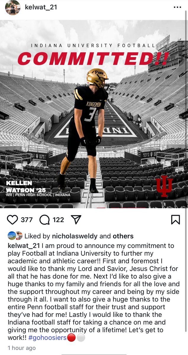 Austin Hough (@austinrhough) on Twitter photo Big high school football news: Penn standout <a href="/kellen_watson7/">Kellen Watson</a> has committed to Indiana. He'll be one of the favorites to win the 100-meter dash at the state track finals this spring as well Big high school football news: Penn standout <a href="/kellen_watson7/">Kellen Watson</a> has committed to Indiana. He'll be one of the favorites to win the 100-meter dash at the state track finals this spring as well