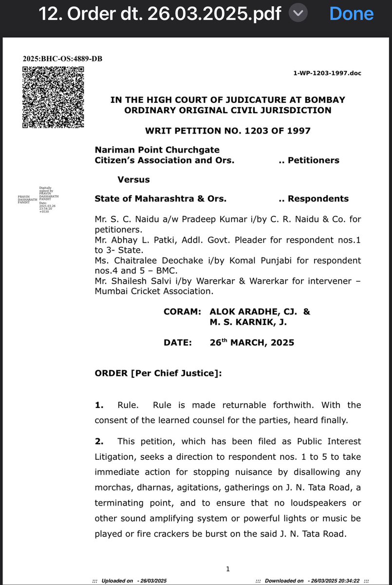 NPCCA's tweet image. We filed PIL 1203 of 1997 seeking relief from morcha termination at J Tata road close to Mantralaya causing huge traffic gridlock, residents getting locked in & law n order issues. 25 years later Govt made rules terminating all protests at Azad Maidan. Quality of life matters!