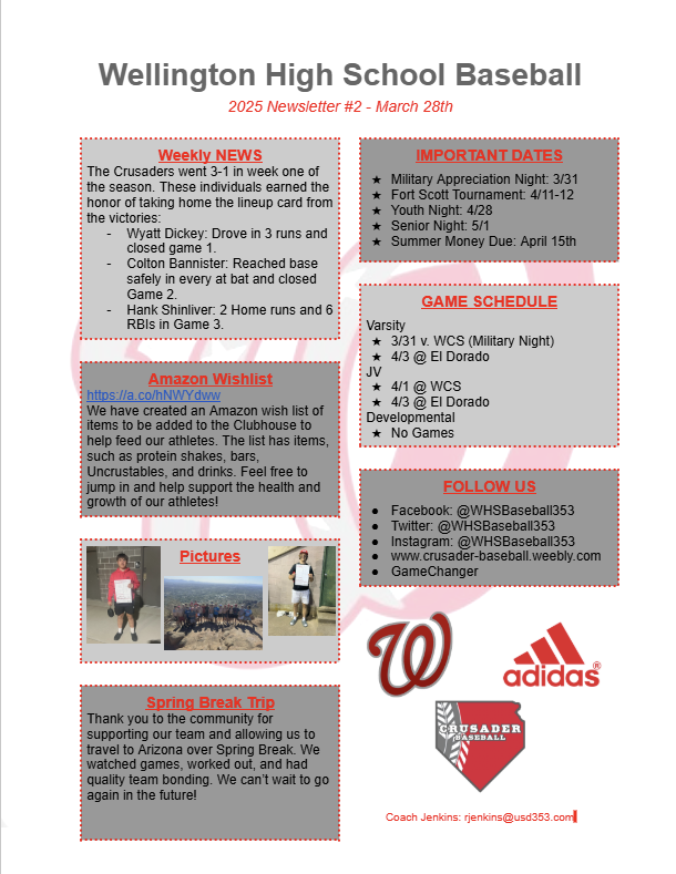 Check out our March 28th Newsletter. 

Another big week kicks off tomorrow with Military Appreciation Night. All former and active military get into the game for FREE!