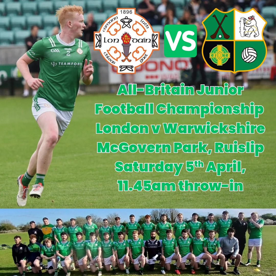 Our Junior footballers begin the defence of the All-Britain Junior Football Championship next Saturday against Warwickshire.

Throw-in is 11.45am ahead of London v Roscommon and we encourage everyone to show support for the team in the first game of the season 🟢⚪️