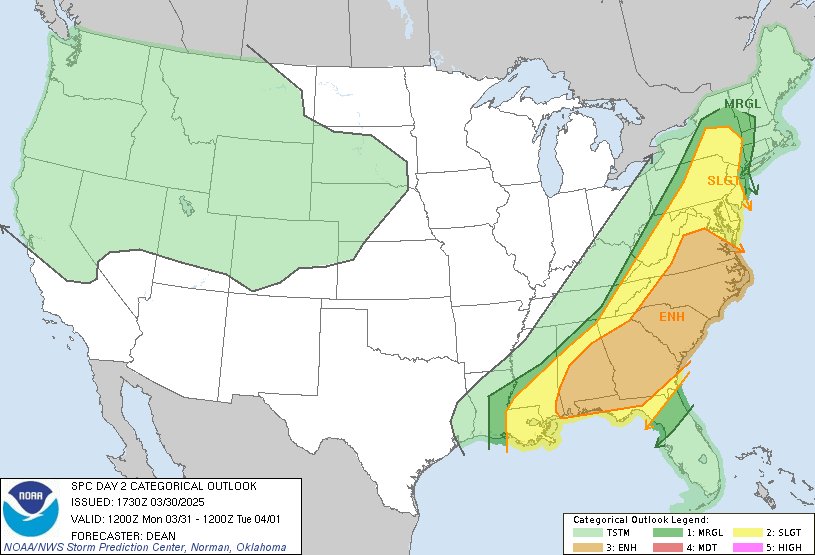 NWSSPC's tweet image. 12:32pm CDT #SPC Day2 Outlook Enhanced Risk: for parts of the central Gulf Coast, Southeast, and Carolinas/Virginia spc.noaa.gov/products/outlo…