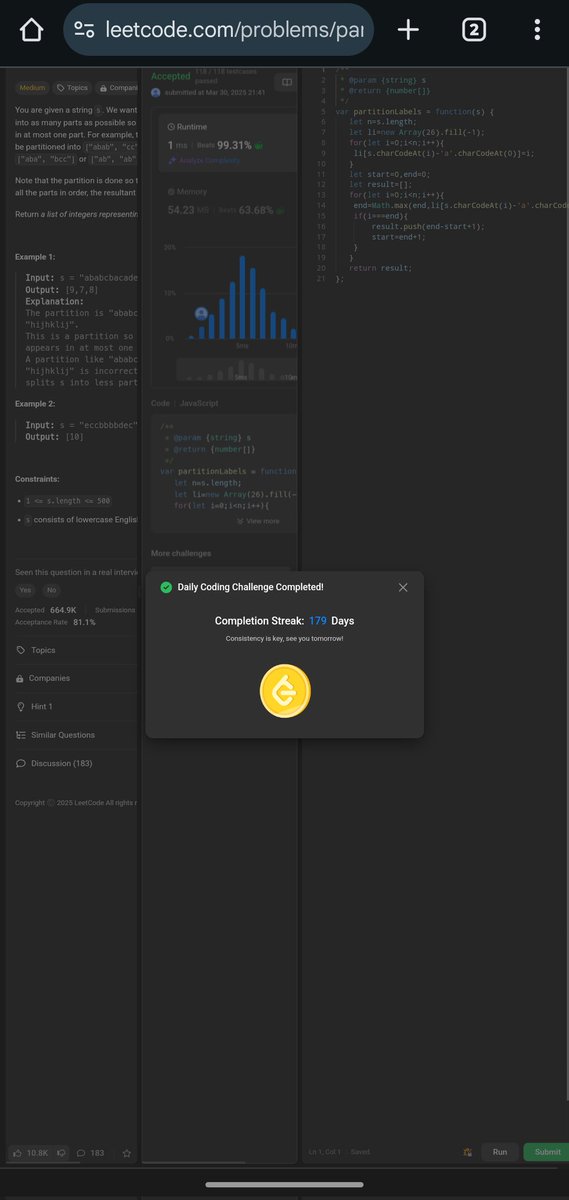 Pratikshak19332's tweet image. 🎊 Day 179 of @LeetCode!🔥
Solved with last occurrence tracking & greedy expansion ✅ O(N) time
Breaking strings into independent chunks was the key! 💡
Thanks, @LeetCode! 🚀
#LeetCode #GreedyAlgorithm #179DaysChallenge