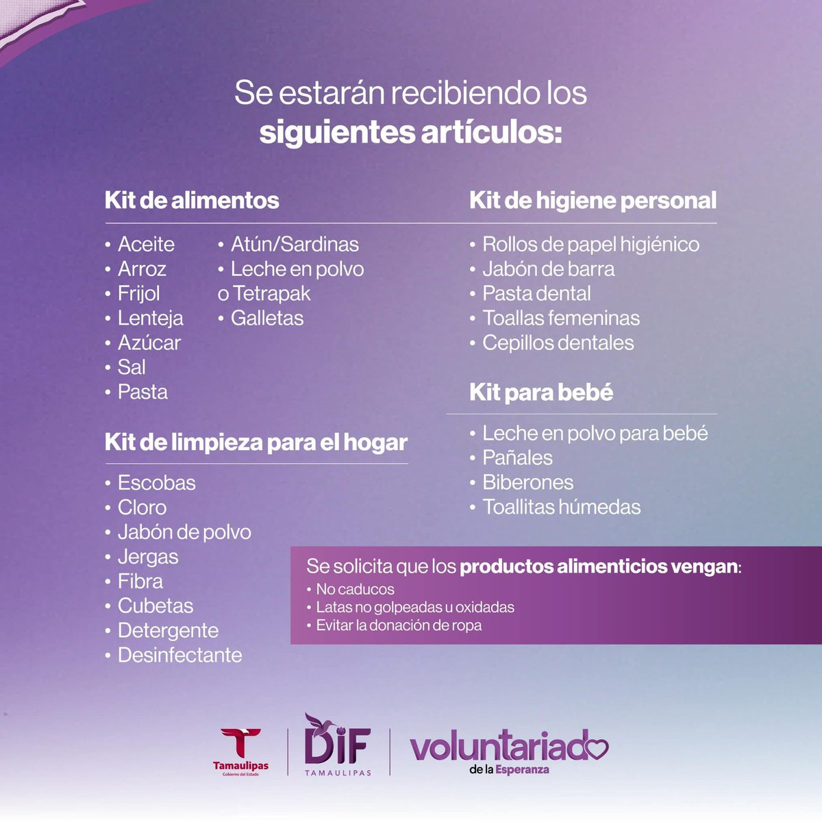 Tamaulipecas y tamaulipecos, los invito a unirse a la colecta del centro de acopio del <a href="/dif_tam/">DIF Tamaulipas</a> para apoyar a las familias de #Reynosa y la #ZonaFronteriza afectadas por las recientes inundaciones.

Hoy más que nunca, es momento de sumar voluntades con quienes más lo necesitan.