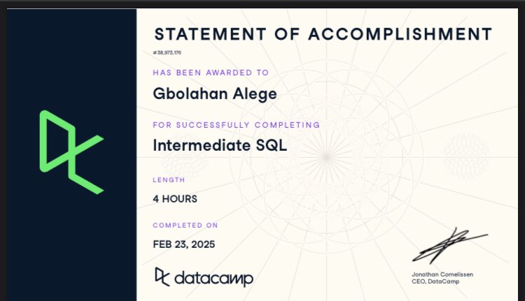 Gbe_olahan's tweet image. I just completed Introduction to SQL &amp;amp; Intermediate SQL on @DataCamp! 
I’ve strengthened my skills in data querying, joins, subqueries, and performance optimization, all these which are key for making data-driven decisions in finance &amp;amp; analytics.