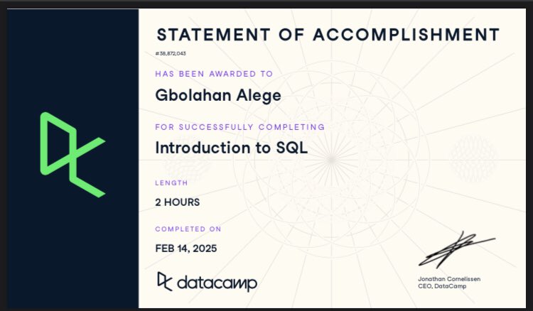 Gbe_olahan's tweet image. I just completed Introduction to SQL &amp;amp; Intermediate SQL on @DataCamp! 
I’ve strengthened my skills in data querying, joins, subqueries, and performance optimization, all these which are key for making data-driven decisions in finance &amp;amp; analytics.