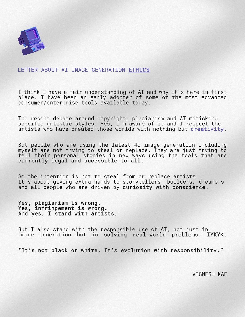 vigneshkae's tweet image. Letter about AI image generation ethics !