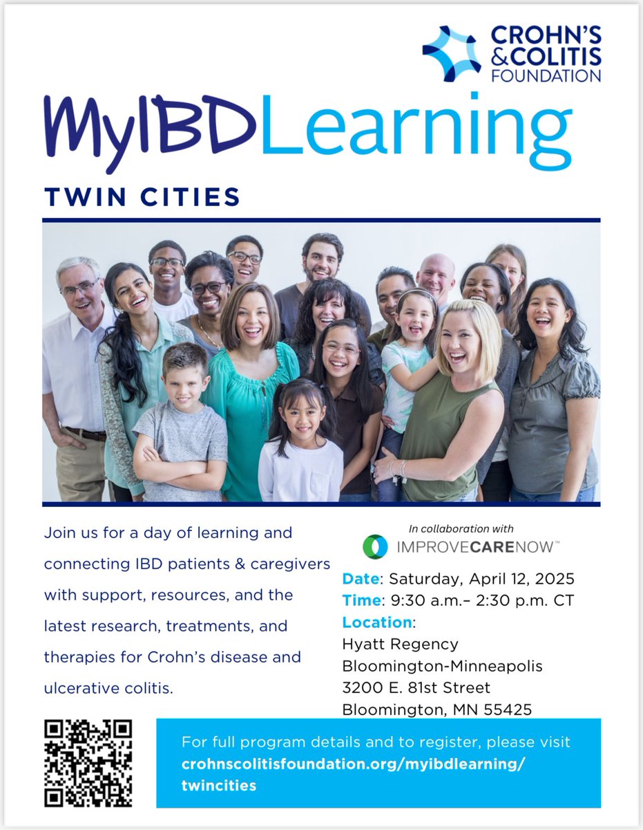 Siri Urquhart, M.D. (@siriurquhartmd) on Twitter photo Join me @ #MyIBDLearning Twin Cities <a href="/CrohnsColitisFn/">Crohn's & Colitis Foundation</a> <a href="/CCfdnMinnesota/">Crohn's & Colitis Foundation - Minnesota/Dakotas</a> for a 🔥day of education, connection, & empowerment for the #IBD community! See you there! 🌟
🗓️Saturday, April 12
⏰9:30AM - 2:30PM
Register➡️tinyurl.com/46jwbvjc Join me @ #MyIBDLearning Twin Cities <a href="/CrohnsColitisFn/">Crohn's & Colitis Foundation</a> <a href="/CCfdnMinnesota/">Crohn's & Colitis Foundation - Minnesota/Dakotas</a> for a 🔥day of education, connection, & empowerment for the #IBD community! See you there! 🌟
🗓️Saturday, April 12
⏰9:30AM - 2:30PM
Register➡️tinyurl.com/46jwbvjc