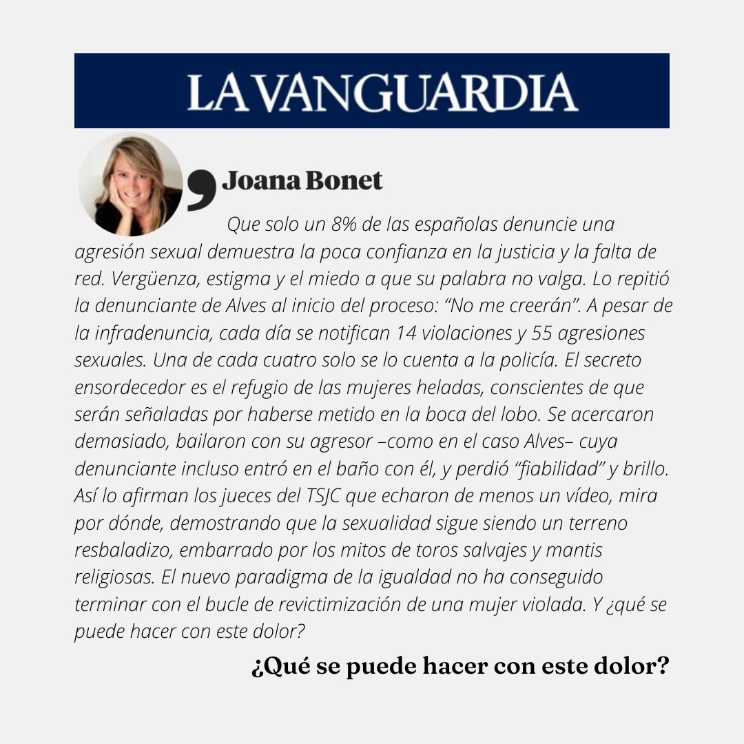 Hoy he escrito en La Vanguardia sobre las víctimas de Dani Alves y Brock Turner, y sobre tantas otras mujeres revictimizadas y mortificadas por un tribunal tras sus denuncias por un delito sexual.  Podéis leer aquí el artículo completo: lavanguardia.com/opinion/202503…