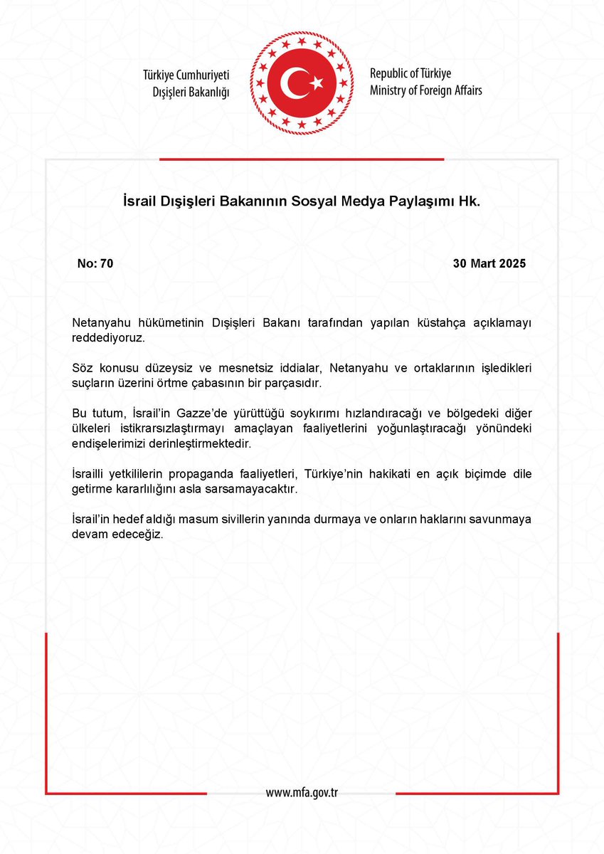 İsrail Dışişleri Bakanının Sosyal Medya Paylaşımı Hk. mfa.gov.tr/no_-70_-israil…