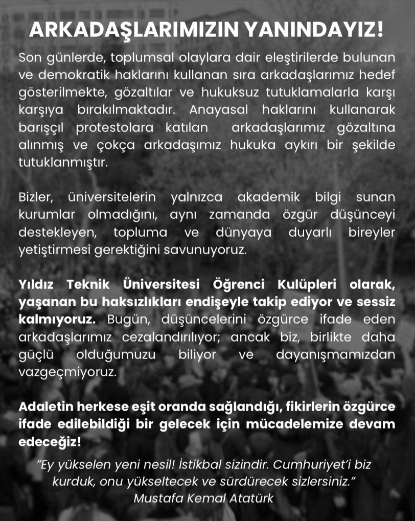 ytufelsefe's tweet photo. Hukuksuzca gözaltına alınan arkadaşlarımızın yanındayız. Tutuklu sıra arkadaşlarımız derhal serbest bırakılsın! https://t.co/7DT0NvL3d6
