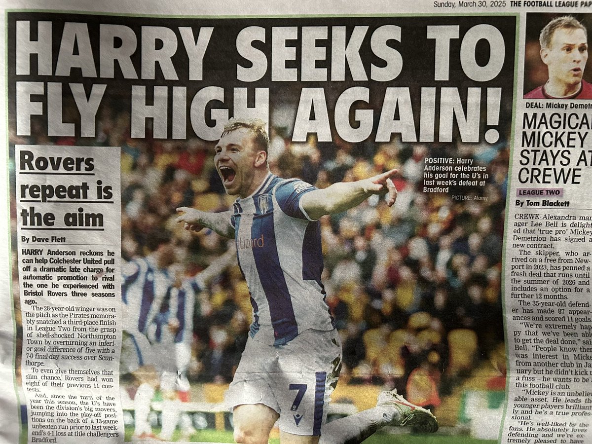 Dave Flett (@daveflettpress) on Twitter photo One for <a href="/ColU_Official/">Colchester United FC</a> fans. The club’s charge up the table might have halted with back-to-back defeats but I spoke to <a href="/hazanderson10/">Harry Anderson</a> who hopes history can repeat itself after last-gasp promotion heroics with <a href="/Official_BRFC/">Bristol Rovers</a> three seasons ago. Full story in <a href="/TheLeaguePaper/">The Football League Paper</a>. #ColU One for <a href="/ColU_Official/">Colchester United FC</a> fans. The club’s charge up the table might have halted with back-to-back defeats but I spoke to <a href="/hazanderson10/">Harry Anderson</a> who hopes history can repeat itself after last-gasp promotion heroics with <a href="/Official_BRFC/">Bristol Rovers</a> three seasons ago. Full story in <a href="/TheLeaguePaper/">The Football League Paper</a>. #ColU