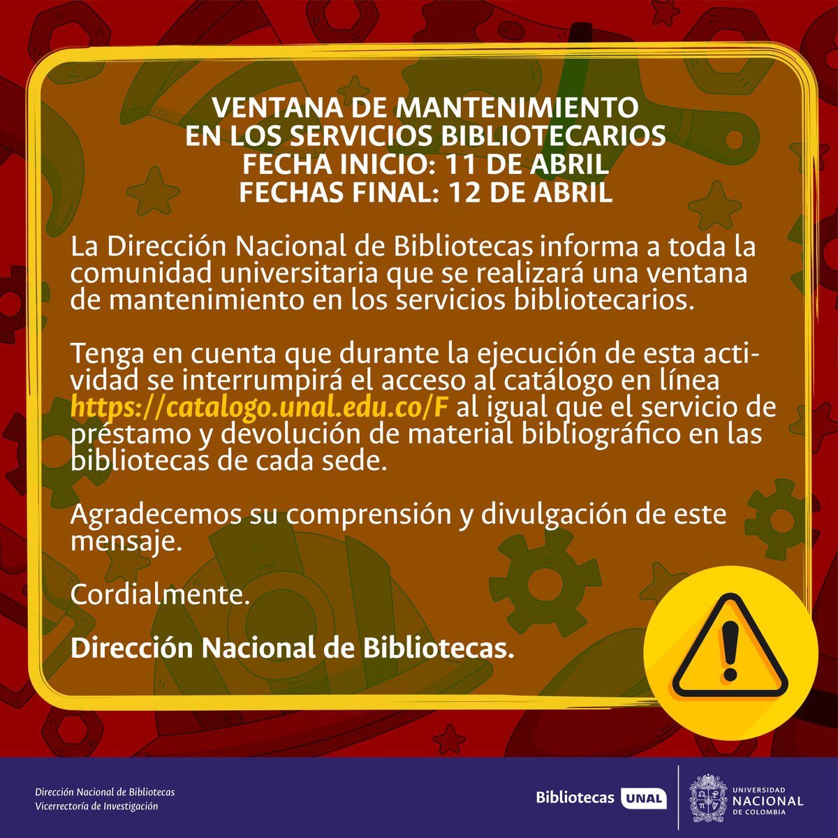 Investigación - Universidad Nacional de Colombia (@vriunal) on Twitter photo #BibliotecasUNAL Del 11 al 12 abr. 2025 tendremos una ventana de mantenimiento en los servicios bibliotecarios de la @UNALoficial: tiny.cc/sinabcatalogo2…
<a href="/dirsinab/">Sinab Bibliotecas UNAL</a> @BiblioUNALbog <a href="/BibliotecaUNMED/">MiBiblioteca</a> <a href="/BiblioManUNAL/">Bibliotecas Sede Manizales UNAL</a> @bibliotecaunpal #UNAL #BibliotecasUNAL Del 11 al 12 abr. 2025 tendremos una ventana de mantenimiento en los servicios bibliotecarios de la @UNALoficial: tiny.cc/sinabcatalogo2…
<a href="/dirsinab/">Sinab Bibliotecas UNAL</a> @BiblioUNALbog <a href="/BibliotecaUNMED/">MiBiblioteca</a> <a href="/BiblioManUNAL/">Bibliotecas Sede Manizales UNAL</a> @bibliotecaunpal #UNAL