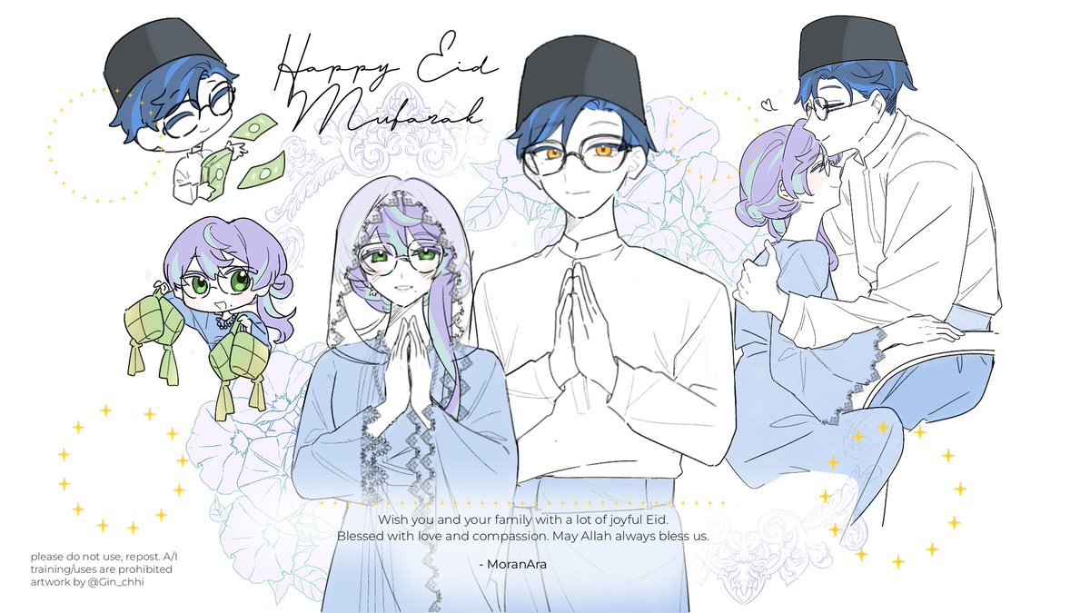Happy #EidMubarak 

#MoranAra greetings, beautifully drawn by <a href="/Gin_chhi/">Gin | CF21 OPEN PO</a> 
Thank you! Happy Holidays and spending time with family! 💙💜

やったー！><