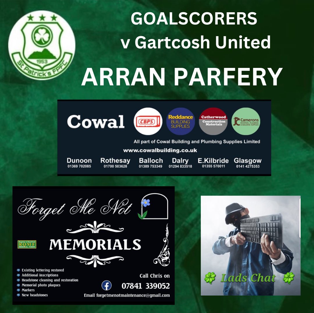 St Patrick's FP FC (@stpatricksfpfc) on Twitter photo Man of the match in the 3-1 <a href="/CaledonianAFA/">CaledonianLeague</a> win over Gartcosh was defender Ross Cannon, with goalscorers <a href="/ciaranmacca91/">Macca 🇻🇦</a> Shaun Wallace and <a href="/ParferyArran/">Arran Parfery</a>. Pictured are the players individual sponsors, massive thanks to them for continued support of the players and the club ☘️💚 Man of the match in the 3-1 <a href="/CaledonianAFA/">CaledonianLeague</a> win over Gartcosh was defender Ross Cannon, with goalscorers <a href="/ciaranmacca91/">Macca 🇻🇦</a> Shaun Wallace and <a href="/ParferyArran/">Arran Parfery</a>. Pictured are the players individual sponsors, massive thanks to them for continued support of the players and the club ☘️💚
