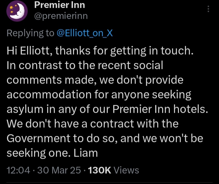 Premier Inn confirm they will be refusing asylum seeker contracts with the Home Office.

Let's support them when we are looking for an overnight break. 👏 👏 👏