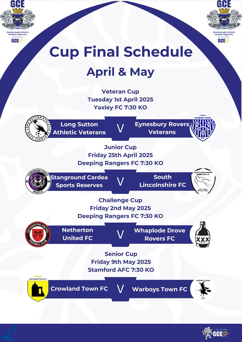 Peterborough & District Football League (@pdfluk) on Twitter photo 🏆 Cup Final Schedule🏆
Check out our Cup Final Schedule for April & May!
Book your tickets in advance ⬇️
ticketsource.co.uk/peterborough-d…
<a href="/GCEHireFleet/">GCE Hire Fleet Ltd</a> 🏆 Cup Final Schedule🏆
Check out our Cup Final Schedule for April & May!
Book your tickets in advance ⬇️
ticketsource.co.uk/peterborough-d…
<a href="/GCEHireFleet/">GCE Hire Fleet Ltd</a>
