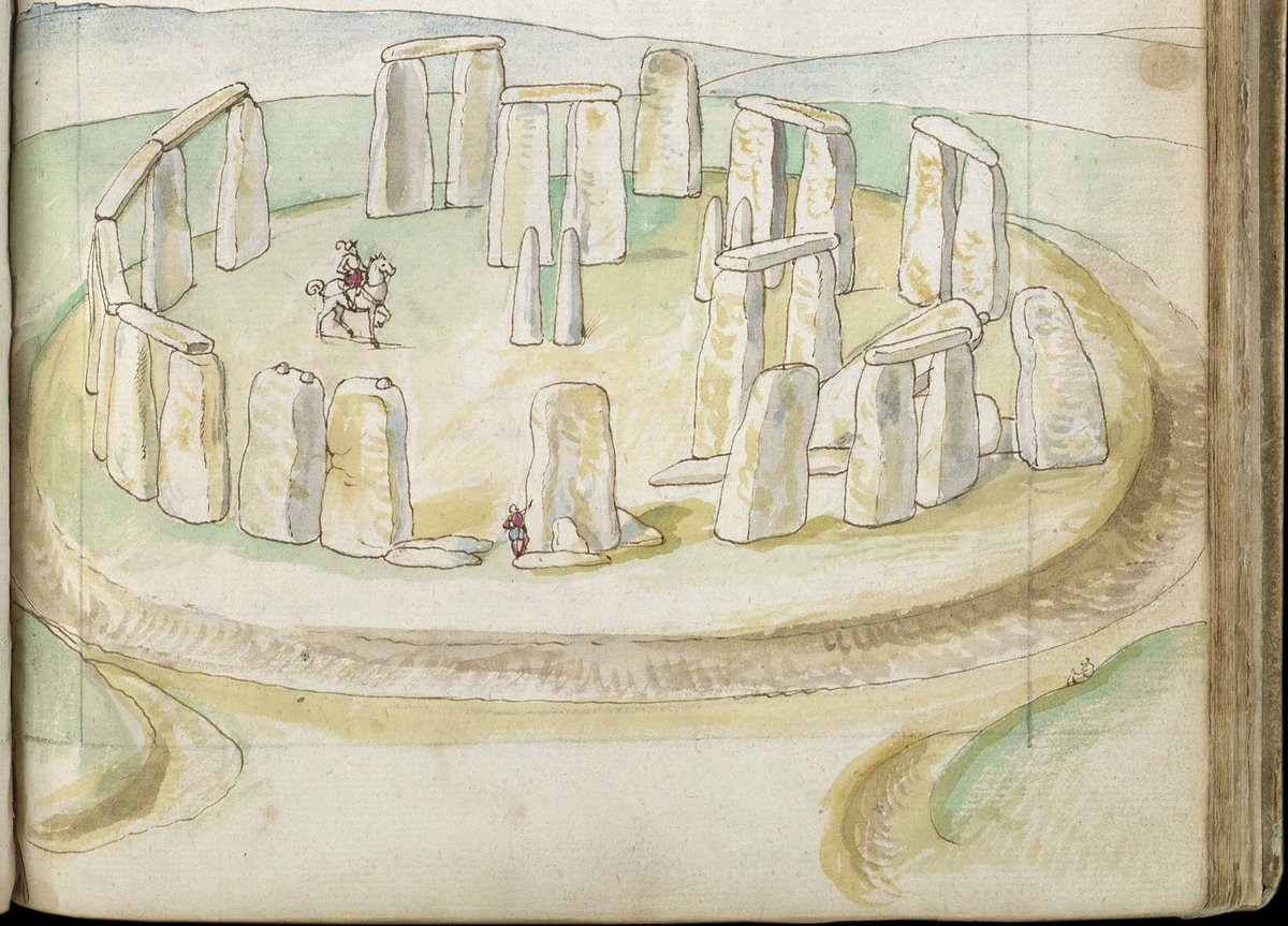 The earliest known realistic depiction of Stonehenge by Flemish artist Lucas de Heere some time between 1573 and 1575