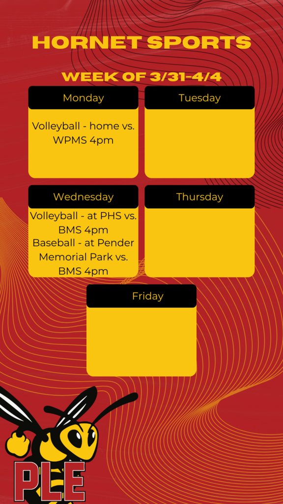 🏐⚾ This Week in Penderlea Athletics!

<a href="/penderschools/">Pender Schools</a> <a href="/bradbreedlove90/">Brad Breedlove</a> <a href="/StephenHarrisJr/">Stephen Harris</a>
#FeeltheSting #OnePender #WestsideRising