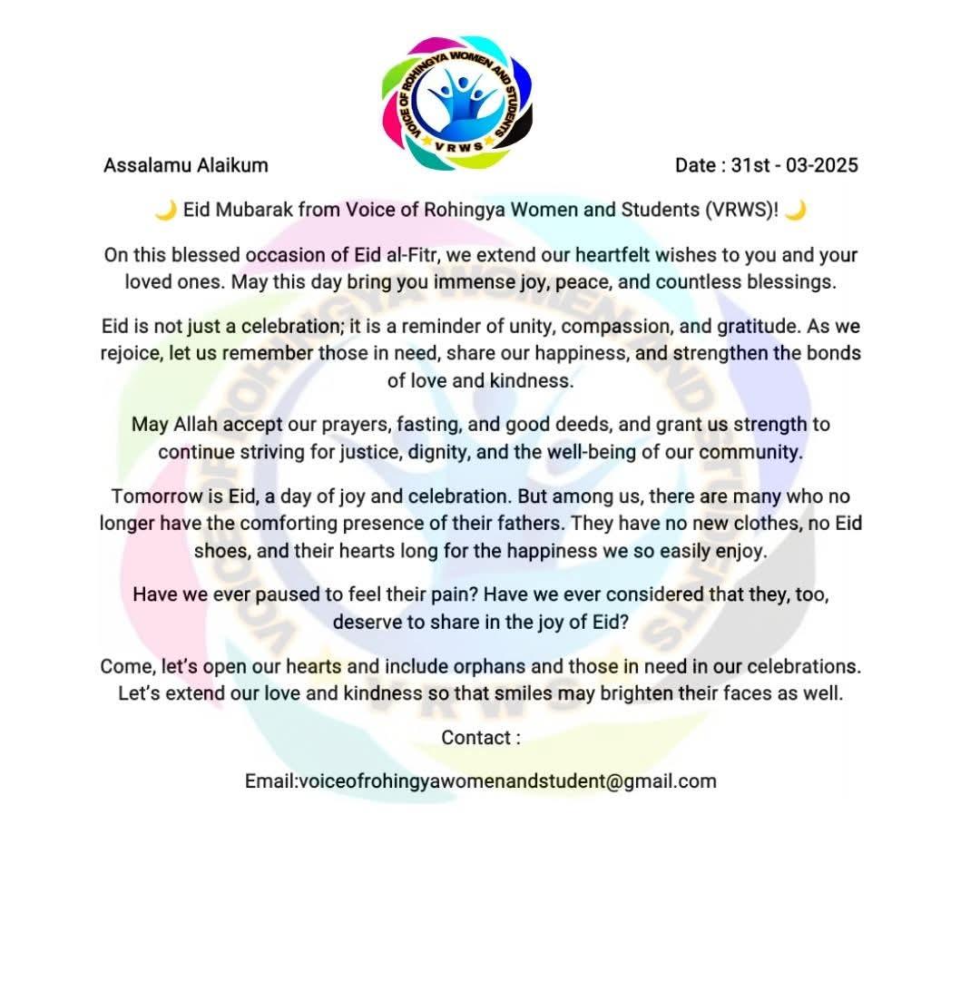 vrwsorg's tweet photo. 🌙 Eid Mubarak to all of you from Voice of Rohingya Women and Students (VRWS)! 🌙

On this blessed occasion of Eid al-Fitr, we extend our heartfelt wishes to you and your loved ones. May this day bring you immense joy, peace, and countless blessings. https://t.co/KQP7DOsXv4