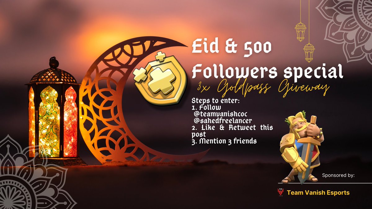 Teamvanish Esports 🇧🇩 (@teamvanishcoc) on Twitter photo Who doesn't love gifts? Eid is here, and to make it even more special,
3X GOLDPASS GIVEAWAY🎉
Steps to enter:
1. Follow <a href="/teamvanishcoc/">Teamvanish Esports 🇧🇩</a>
<a href="/sahedfreelancer/">Sahedur Rahman 🇧🇩</a>
2. Like & Retweet this post
3. Mention 3 friends
Discord: discord.com/invite/rNY27TY…
Giveaway ends: 3 April,2025
EID MUBARAK 🫂 Who doesn't love gifts? Eid is here, and to make it even more special,
3X GOLDPASS GIVEAWAY🎉
Steps to enter:
1. Follow <a href="/teamvanishcoc/">Teamvanish Esports 🇧🇩</a>
<a href="/sahedfreelancer/">Sahedur Rahman 🇧🇩</a>
2. Like & Retweet this post
3. Mention 3 friends
Discord: discord.com/invite/rNY27TY…
Giveaway ends: 3 April,2025
EID MUBARAK 🫂