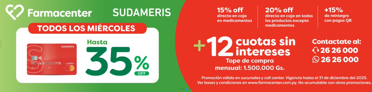 Sudameris cada vez tiene mas descuentos? Tengo que volver a hacer el comparativo de tarjetas, ya se, creo que Sudameris está primerita en desc (mas si no queres ver el tema de Ueno que a muchos les parece muy complicado) Continental tenía buenos el año pasado, que banco eligen?