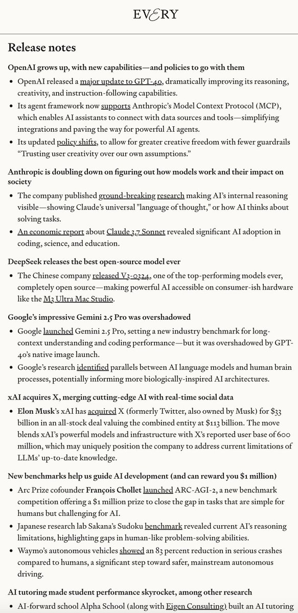 This week, some thoughts on ChatGPT's image generation and how moments like this are big for the adoption of AI—but also defining for our character

Also, more than a dozen releases this week that you might've missed

Link, right here -> every.to/context-window…