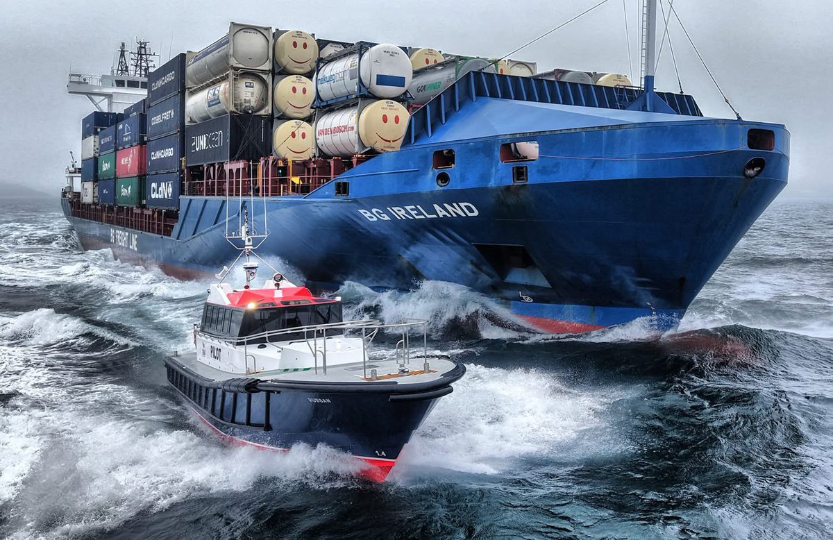 The container ship 'BG Ireland' and DP World's Interceptor 60 Pilot 'Rubban' designed and built by Safehaven
