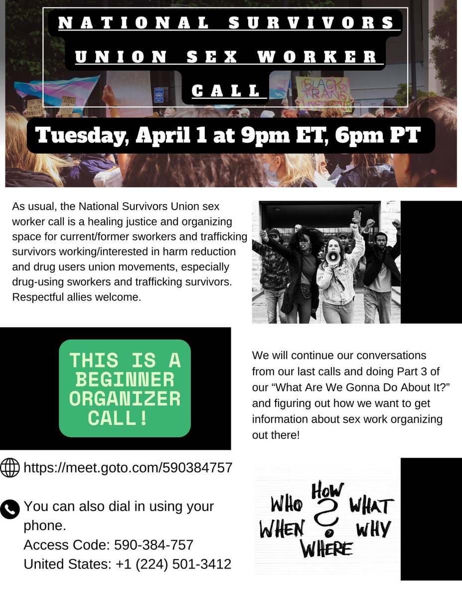 Join us @ 9 pm ET, 4/1, Tue, as the <a href="/National_usu/">National Survivors Union (NSU, formerly USU)</a> sworker call determines its organizing response to the new admin. Current/former sworkers + trafficking survivors using drugs unite, allies welcome. Meet.goto.com/590384757