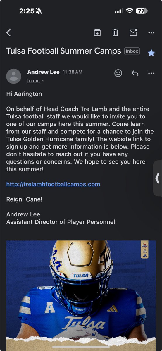 Thank you <a href="/AndrewLee_CFB/">Andrew Lee</a> and <a href="/CoachTreLamb9/">Tre Lamb</a> for the invite to the Tulsa Football camps. I am excited about attending! 
<a href="/AaronMeansIII1/">Aaron Means III</a> <a href="/cdmeans/">Channie Means</a>