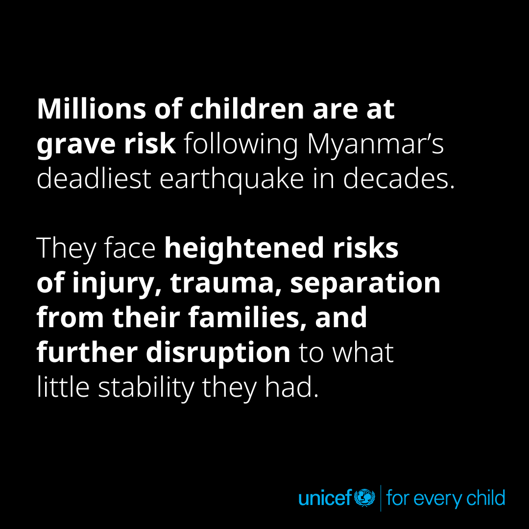 The earthquake in Myanmar has compounded an already dire humanitarian situation.

UNICEF is responding but more resources are urgently needed to save and protect the lives of children and their families.

Details: unicef.link/3QV2saZ