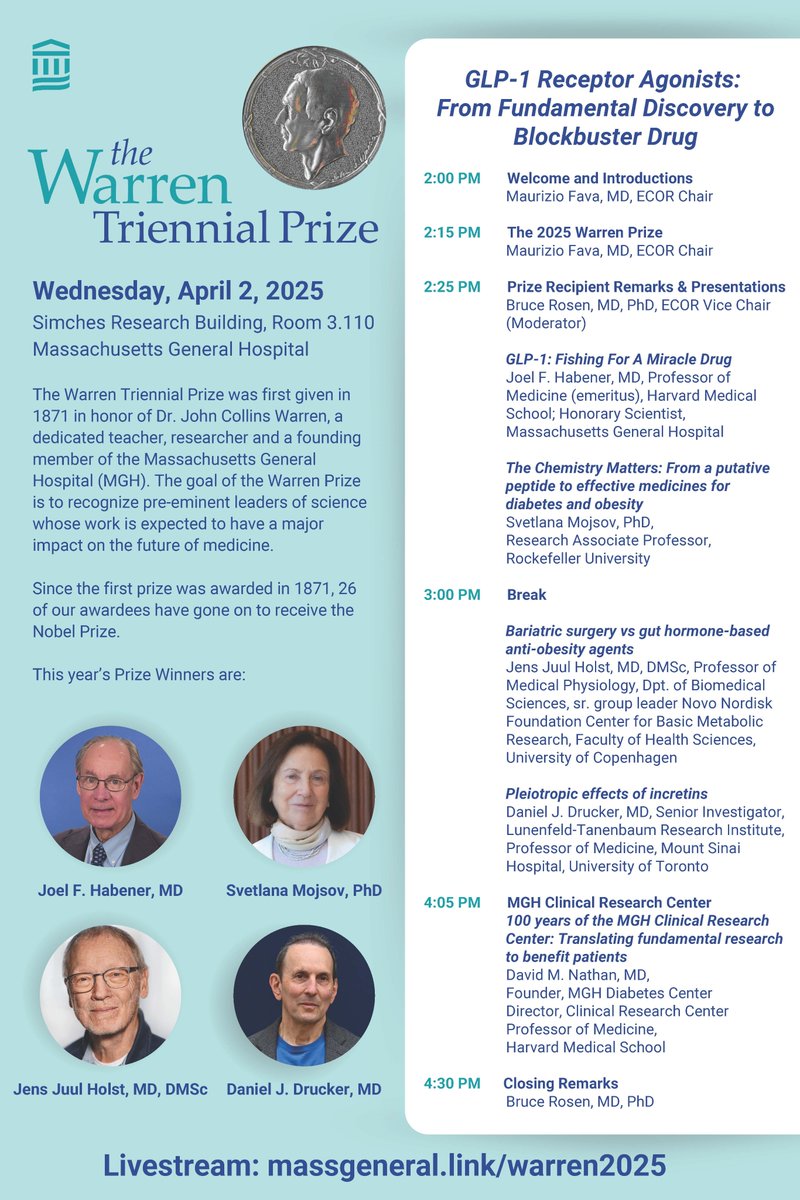 Daniel J Drucker (@danieljdrucker) on Twitter photo GLP-1 discovery science started ~40 yrs ago in Boston & Copenhagen. The remarkable GLP-1 medicine story continues to unfold-featured this year April 2, 2 pm at the Warren Triennial Prize Symposium at MGH <a href="/MassGeneralNews/">MassGeneral News</a> <a href="/harvardmed/">Harvard Medical School</a> #diabetes #Obesity massgeneral.link/warren2025 GLP-1 discovery science started ~40 yrs ago in Boston & Copenhagen. The remarkable GLP-1 medicine story continues to unfold-featured this year April 2, 2 pm at the Warren Triennial Prize Symposium at MGH <a href="/MassGeneralNews/">MassGeneral News</a> <a href="/harvardmed/">Harvard Medical School</a> #diabetes #Obesity massgeneral.link/warren2025