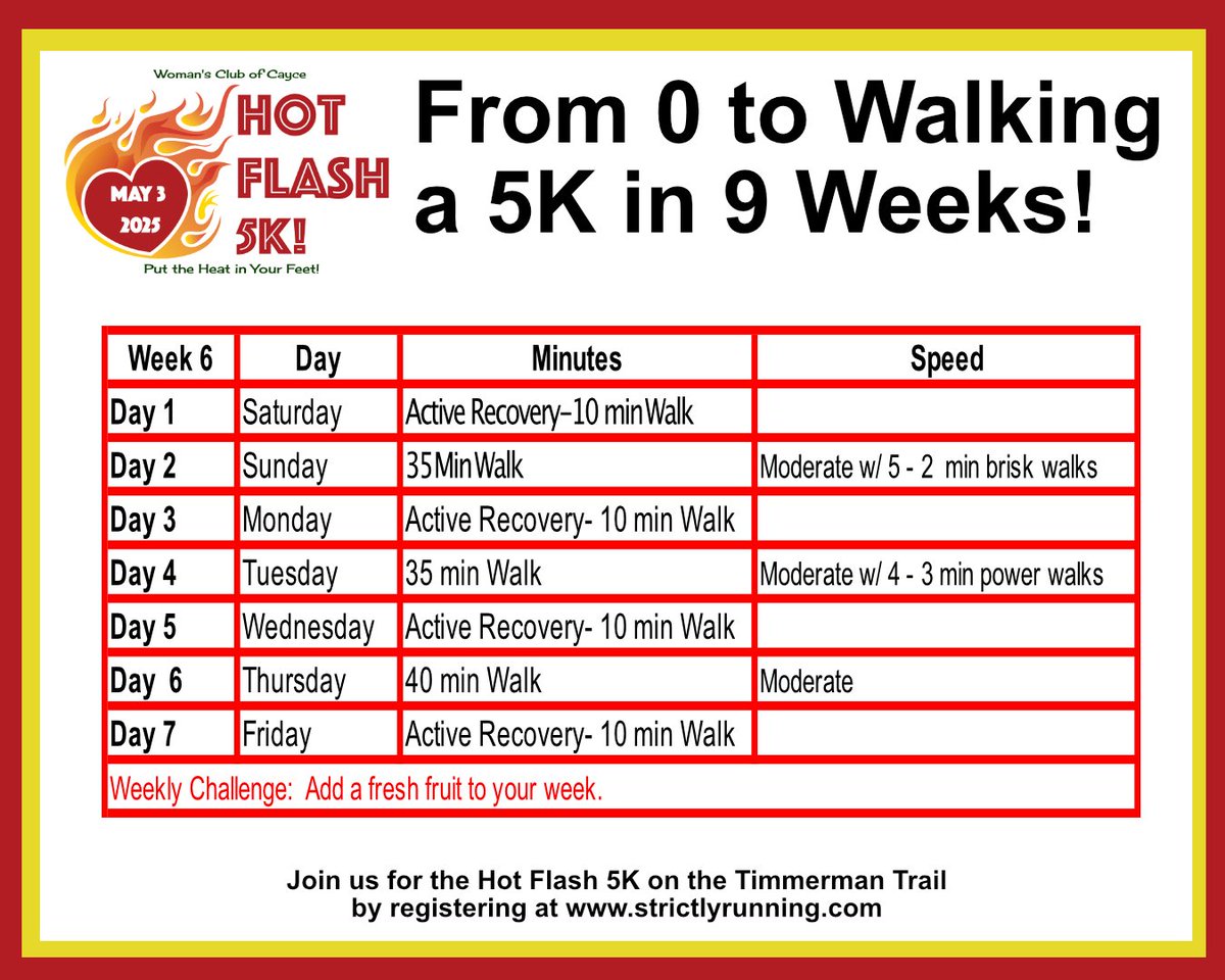 Week 6!  Peeps, we're get up to 40 min walk this week!  We're also upping your off-day walking to 10 min.  

This week's challenge is to add a fresh fruit to your week 

We can't wait for the Hot Flash 5K on May 3!  

#timetowalk