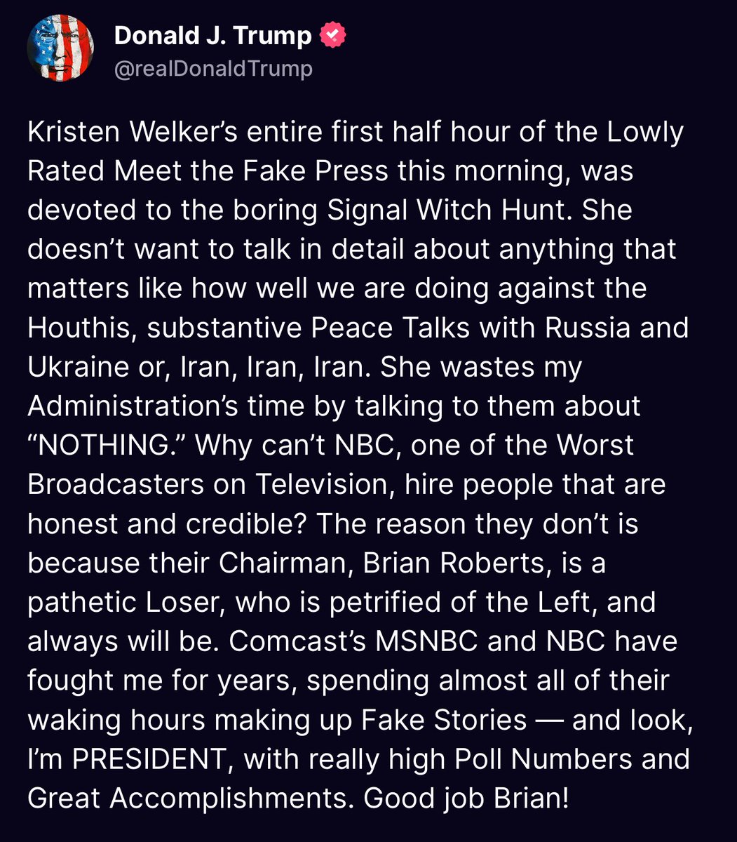 CADAmerican's tweet image. 🚨 Trump TORCHES NBC &amp;amp; Kristen Welker!

President Trump unloads on “Meet the Fake Press” host Kristen Welker for ignoring major topics like peace talks, Iran, and national security — instead focusing on what he calls the “boring Signal Witch Hunt.”

He slams NBC Chairman Brian…
