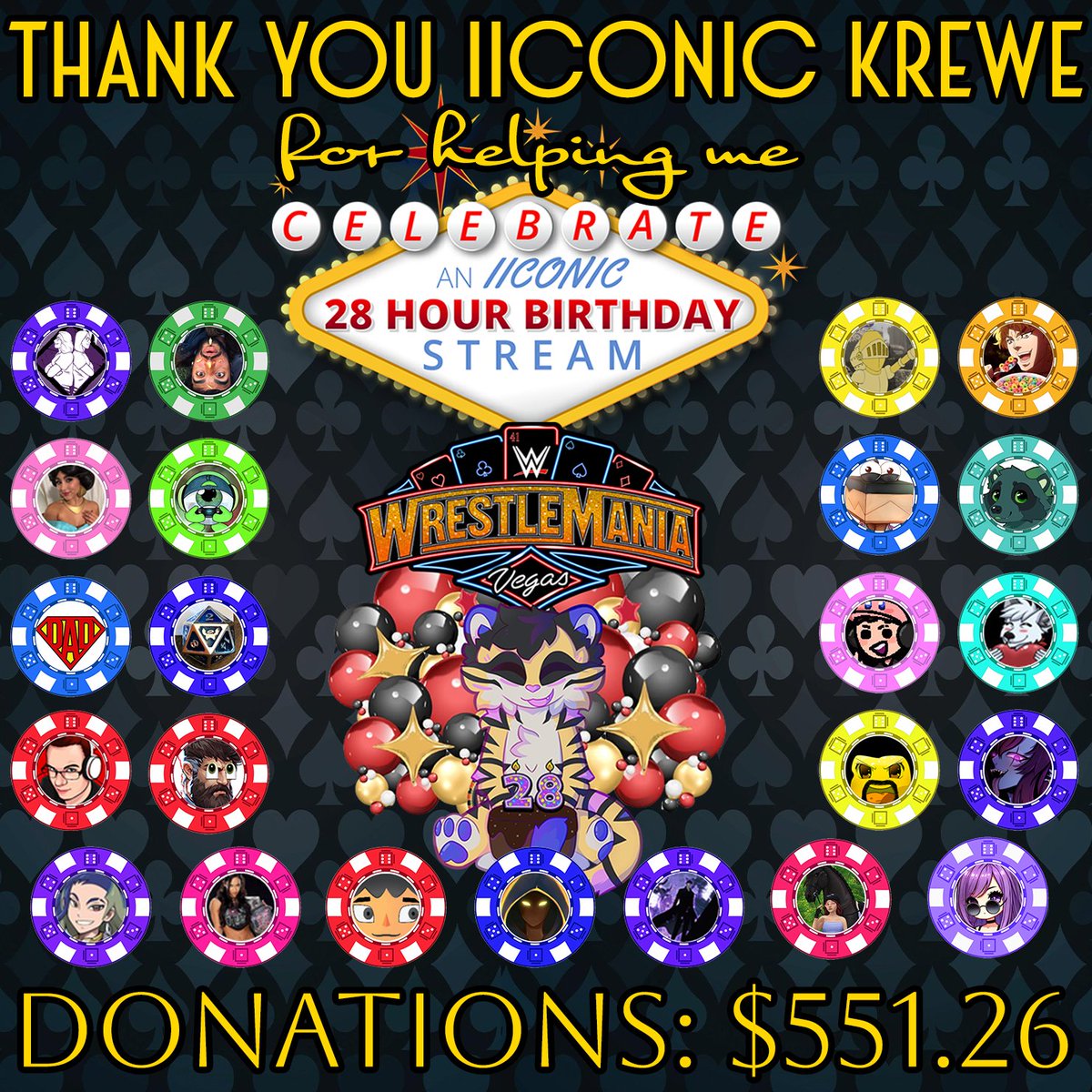 another year, another hour added to the total to make 28 hours of KIRB!

thank you to all of you who came out and chatted, gamed, and donated. we smashed ALL of my goals for WrestleMania 41 at $551.26!!!! 

here's to 28 and all the fun times ahead. I love you all <3