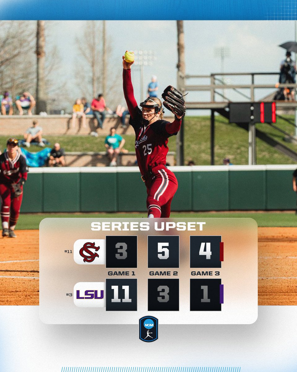 NCAA Softball (@ncaasoftball) on Twitter photo SOUTH CAROLINA WITH THE SERIES WIN 🐔
No. 11 <a href="/GamecockSoftbll/">South Carolina Softball</a> gets the 2-1 series upset win over No. 3 LSU!
#NCAASoftball SOUTH CAROLINA WITH THE SERIES WIN 🐔
No. 11 <a href="/GamecockSoftbll/">South Carolina Softball</a> gets the 2-1 series upset win over No. 3 LSU!
#NCAASoftball