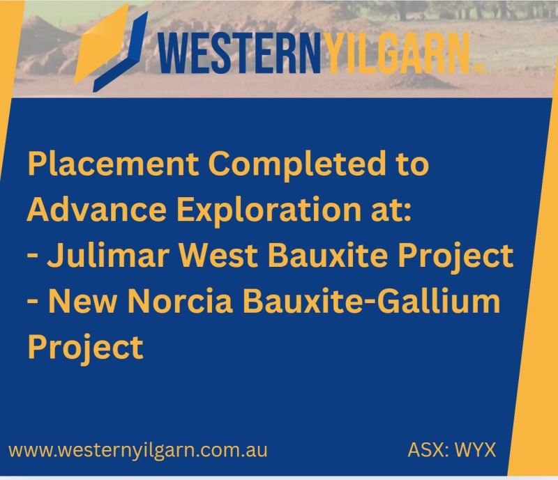 Placement of $520k at $0.036 per share has been secured to advance exploration at our flagship assets, Julimar West and New Norcia Bauxite-Gallium Projects in WA.

Read more: tinyurl.com/yv7nuunb

$WYX