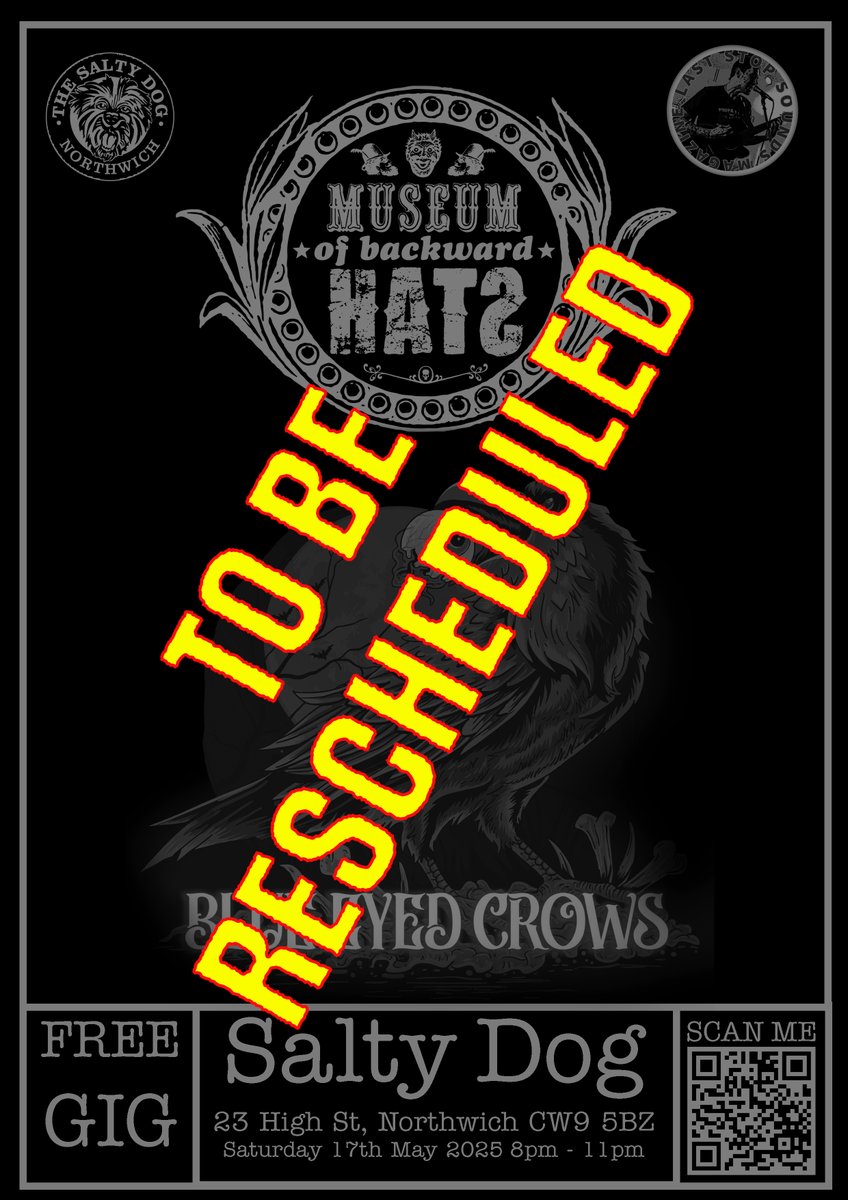 We  have a lot of bad luck with our gigs at the Salty Dog in Northwich. 

For reasons beyond the control of mere mortals (pfft) we are rescheduling this again. The May 17th date isn’t on but the venue has kindly given us a list of dates so we’re seeing what will fit